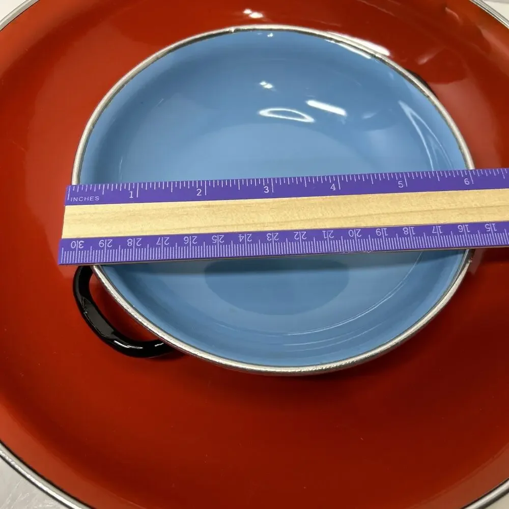 Vtg MCM Emo Celji Style Nesting Enamel Metal 2 Saute Pans Yugoslavia Blue Red